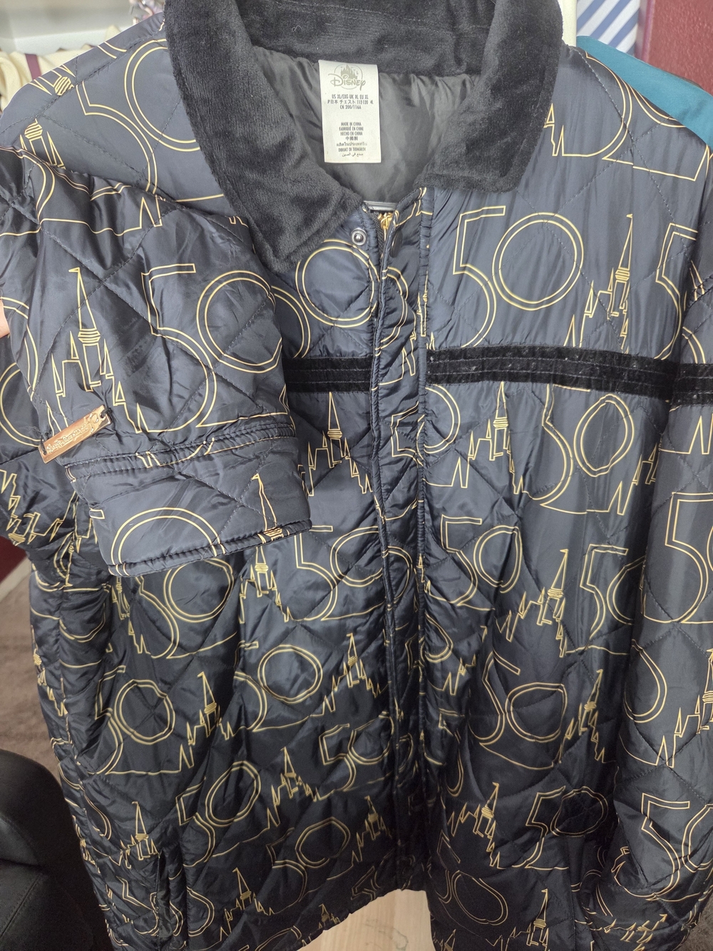 Disney Black Quilted Puffer Jacket with Gold Print